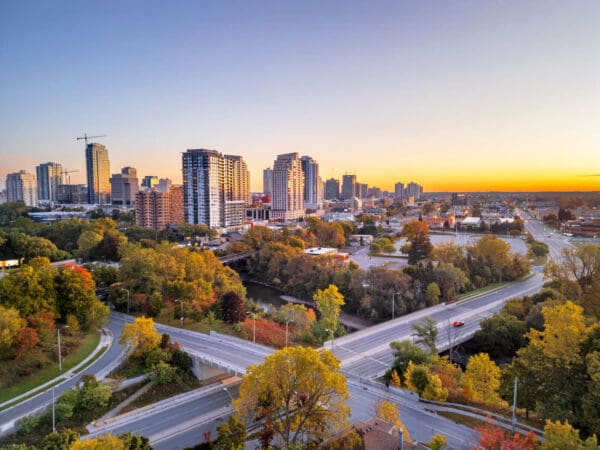 Sunset over London skyline with autumn trees and modern buildings. Perfect for exploring urban and natural beauty.