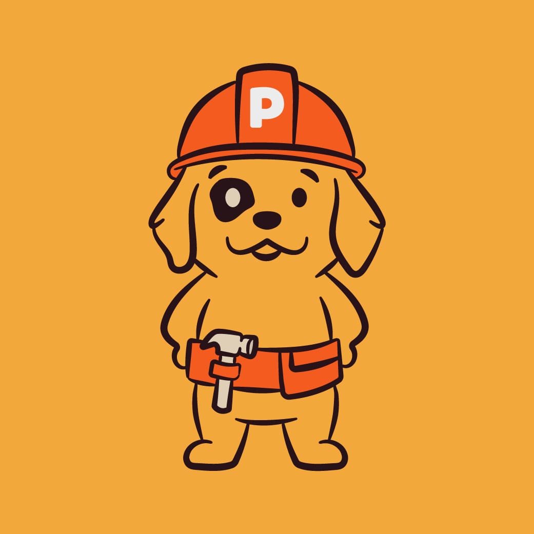 Cartoon dog wearing a construction helmet and tool belt, symbolizing building expertise. Perfect Paws Handyman Services.