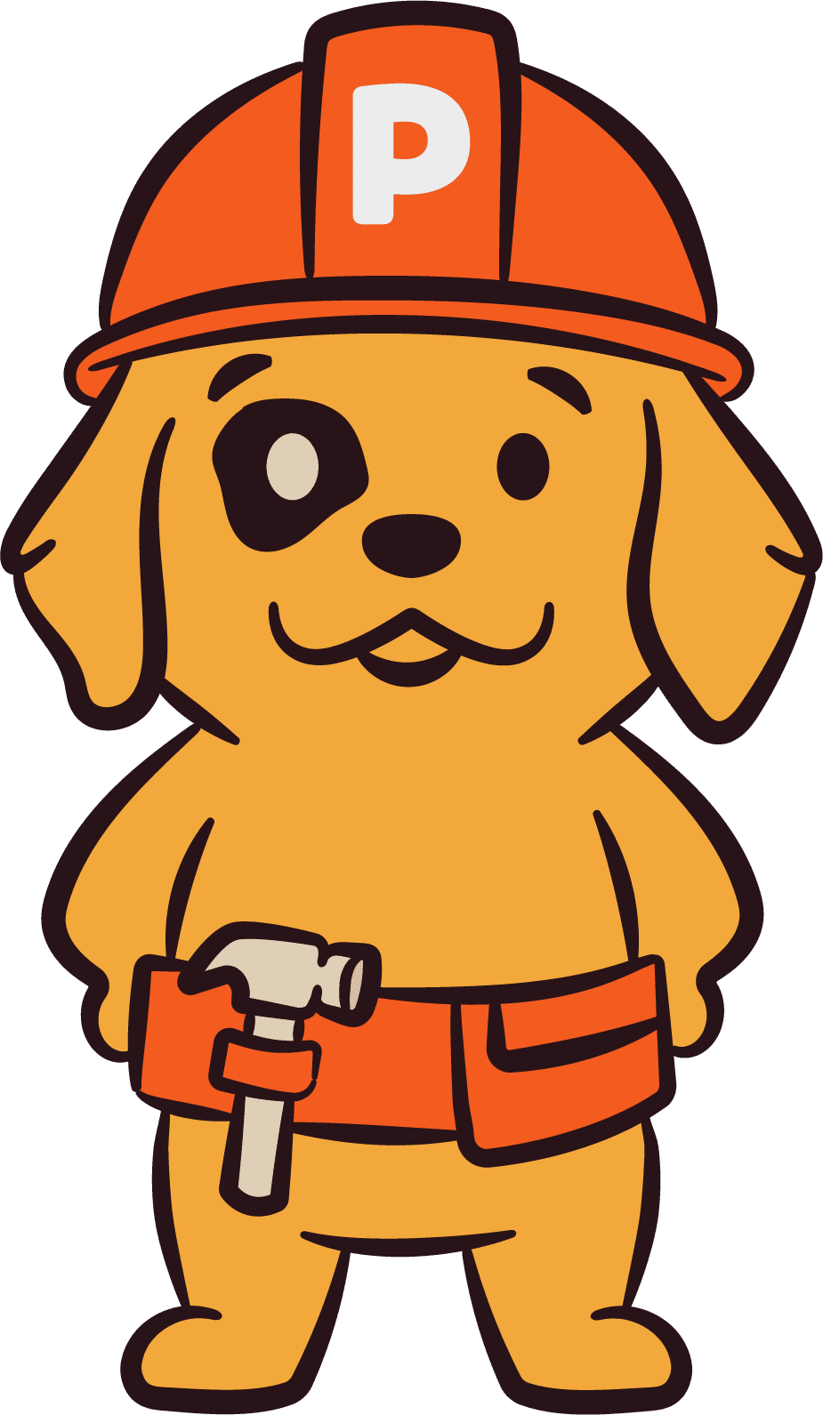 Cartoon dog in a construction outfit holding a hammer. Perfect Paws mascot for building projects.