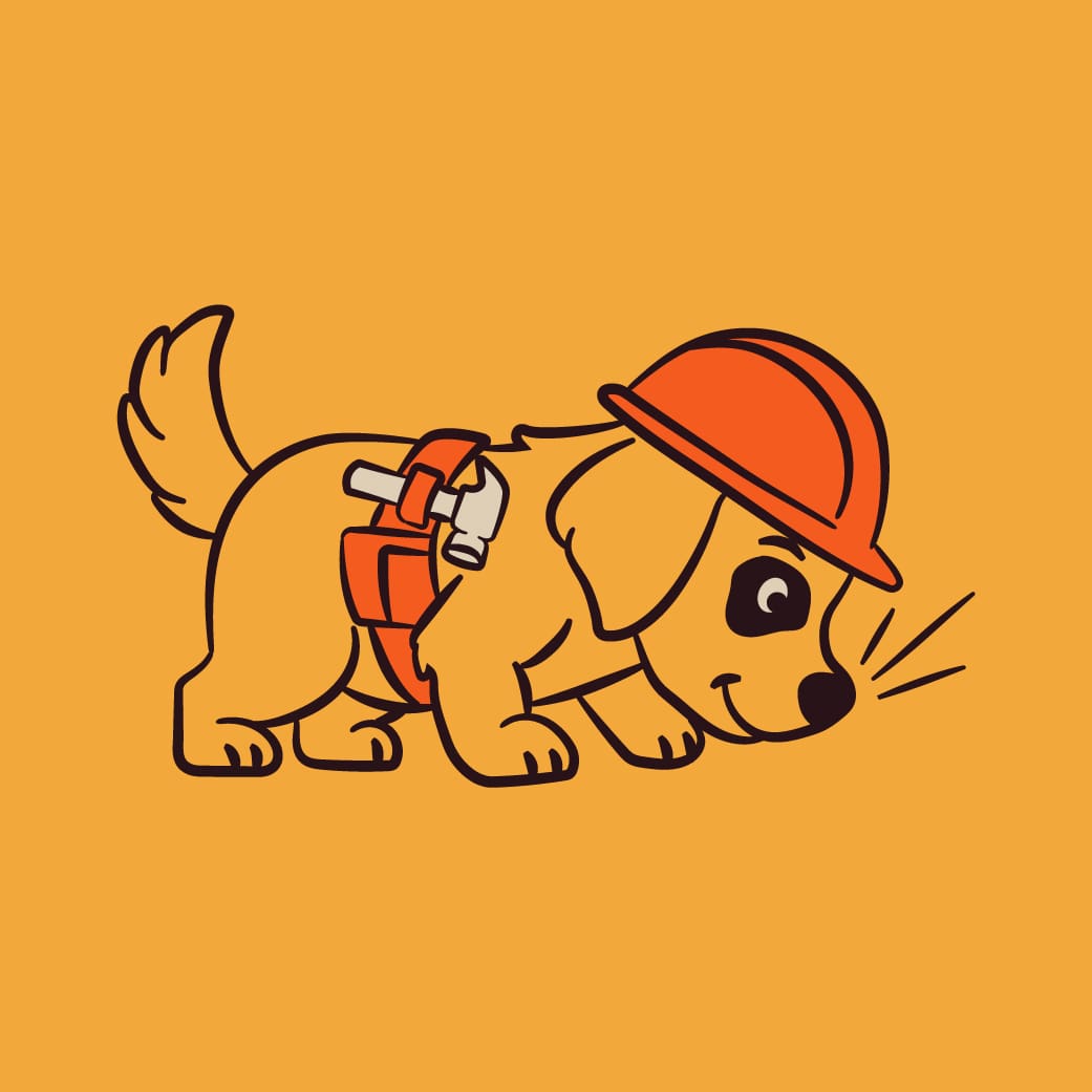 Cartoon puppy in a hard hat and tool belt, symbolizing teamwork and construction. Ideal for project management sites.