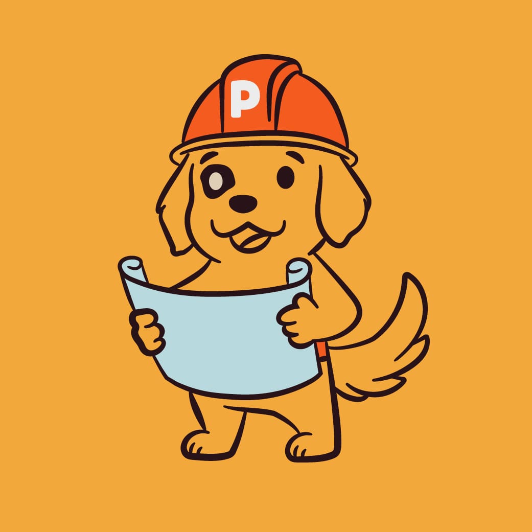 Cute cartoon dog wearing a construction helmet and holding a blueprint.