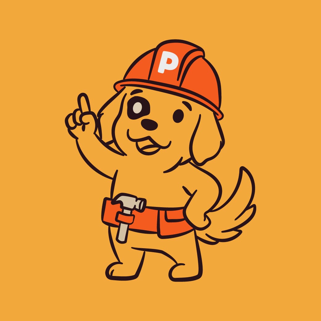 Friendly cartoon dog in a construction helmet at PawPatrol.com, representing teamwork in safety gear.