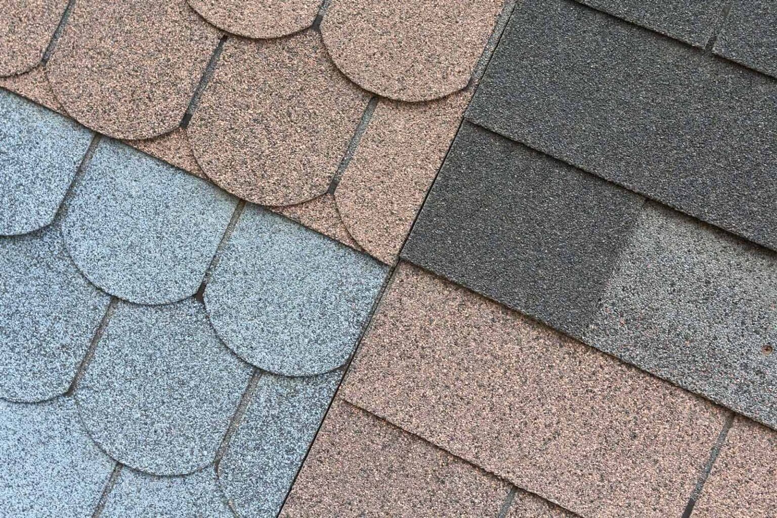 Various styles of roofing shingles in brown, gray, and blue hues for residential roofing solutions.